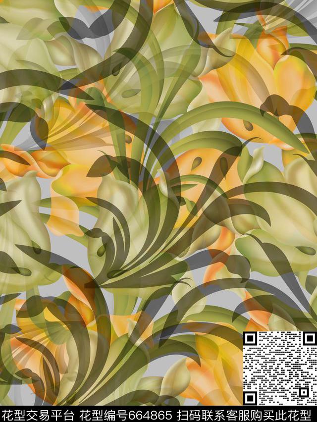 复古郁金香叶子数码印花华亿平台下载（图片编号: 664865） - 瓦栏（Walan）