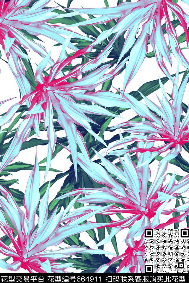 棕榈叶热带手绘枝叶数码印花华亿平台下载（图片编号: 664911） - 瓦栏（Walan）