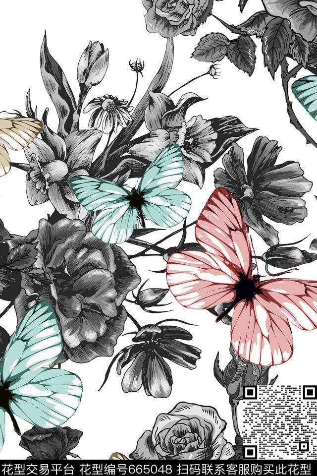 单色花卉蝴蝶传统印花传统印花华亿平台下载（图片编号: 665048） - 瓦栏（Walan）