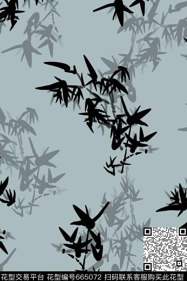 极简风中国风水墨竹数码印花华亿平台下载（图片编号: 665072） - 瓦栏（Walan）