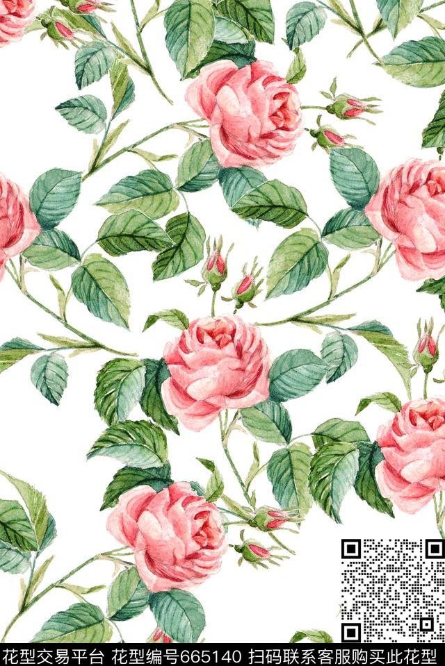 手绘淡雅玫瑰数码印花华亿平台下载（图片编号: 665140） - 瓦栏（Walan）