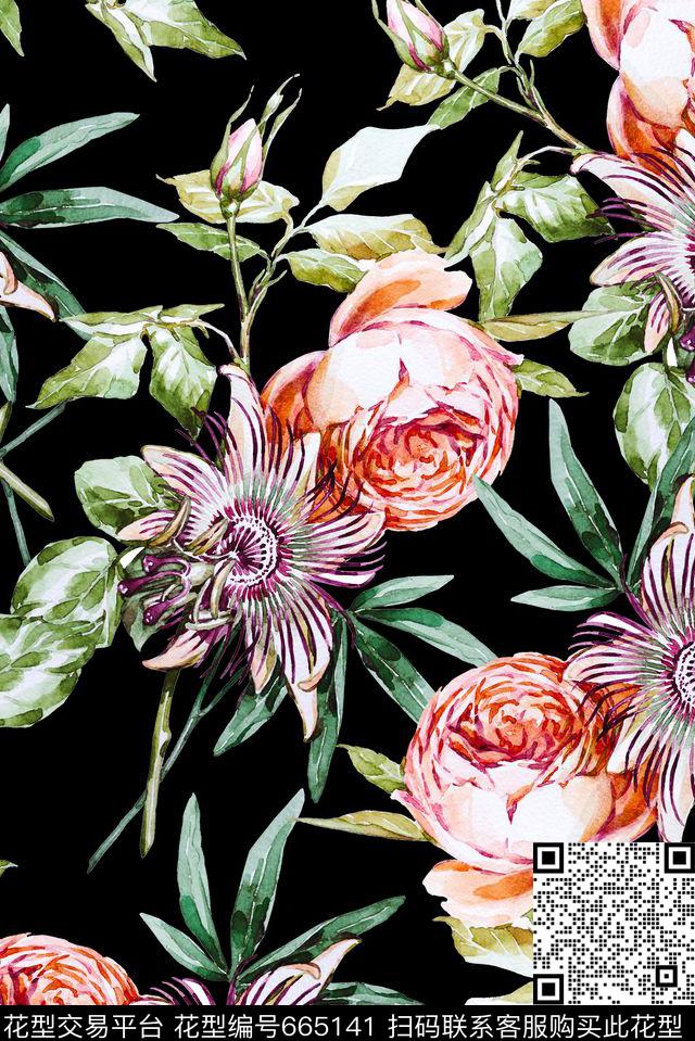 手绘热带植物数码印花华亿平台下载（图片编号: 665141） - 瓦栏（Walan）