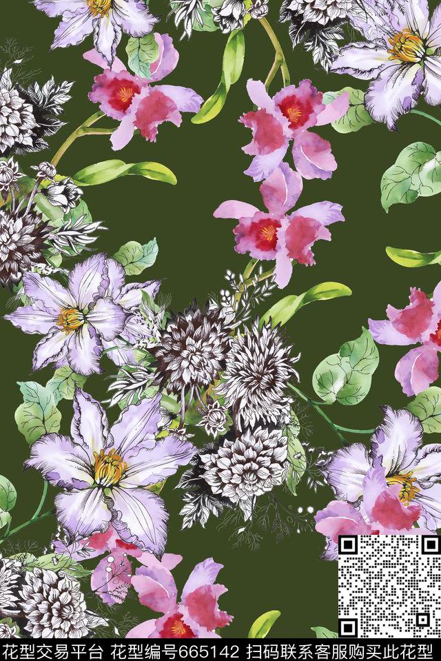 手绘线描花卉数码印花华亿平台下载（图片编号: 665142） - 瓦栏（Walan）