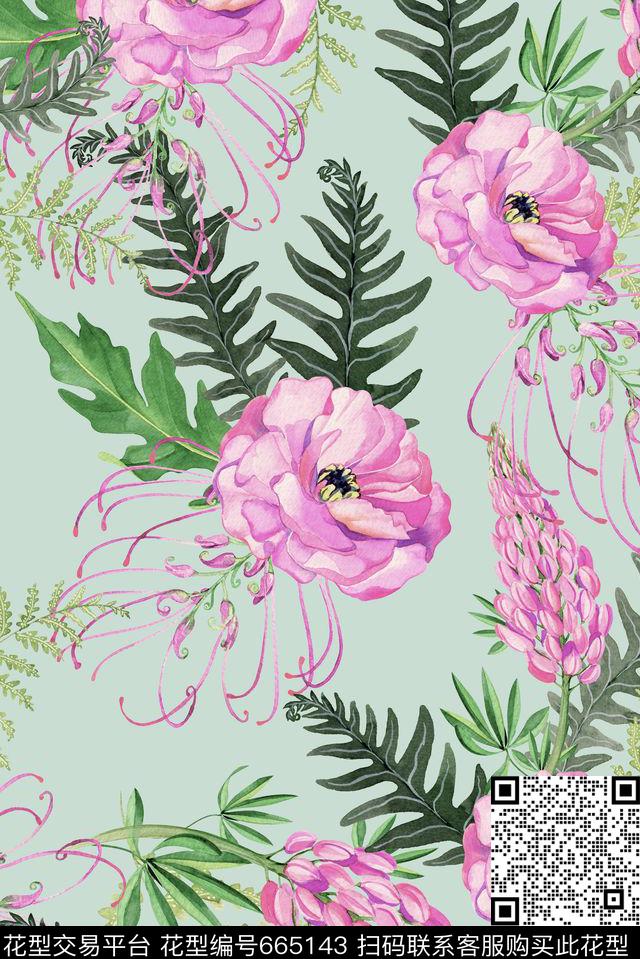手绘植物热带数码印花华亿平台下载（图片编号: 665143） - 瓦栏（Walan）