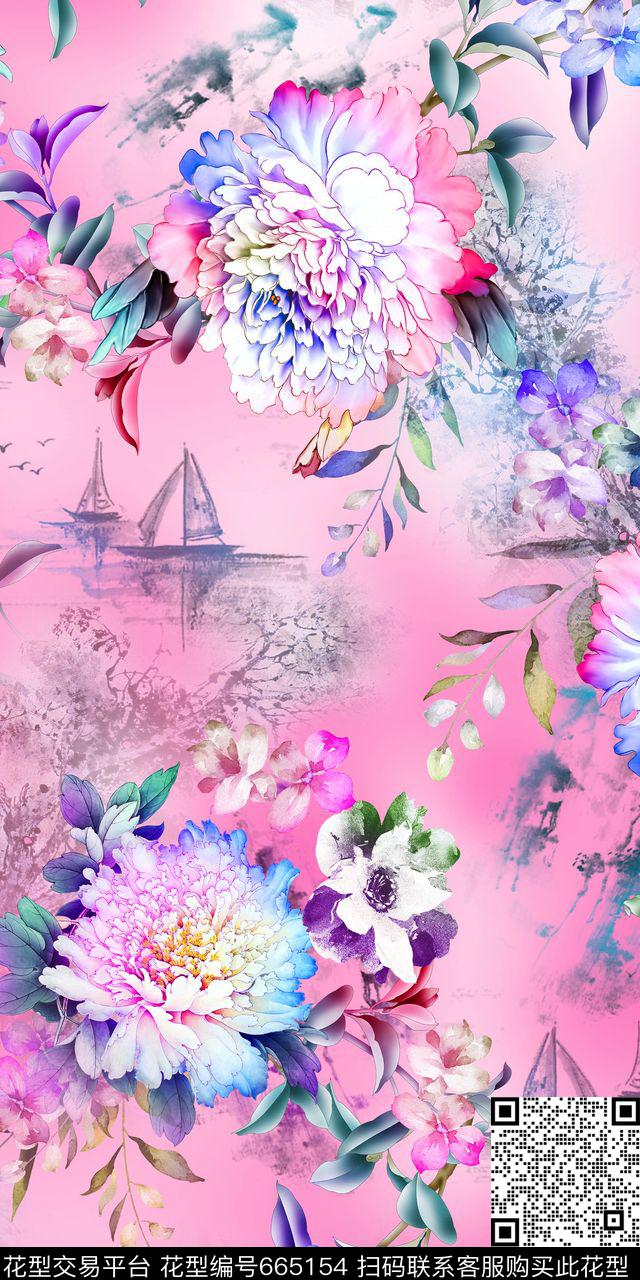牡丹中国风时尚数码印花华亿平台下载（图片编号: 665154） - 瓦栏（Walan）