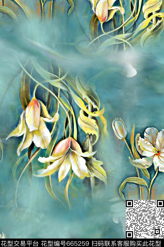 水墨国画房屋梅花数码印花华亿平台下载（图片编号: 665259） - 瓦栏（Walan）