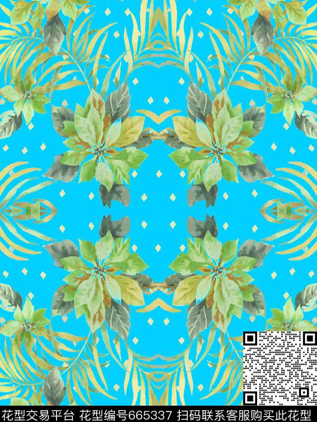 叶子大花花卉数码印花华亿平台下载（图片编号: 665337） - 瓦栏（Walan）