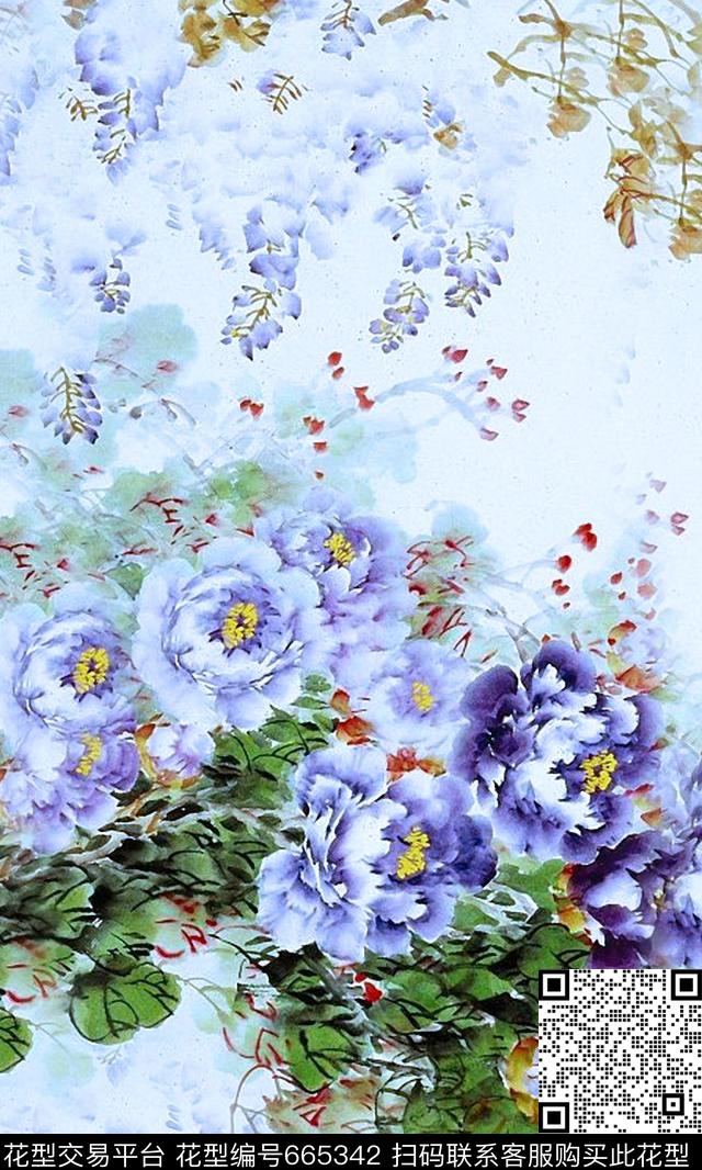 国画中国风乱花数码印花华亿平台下载（图片编号: 665342） - 瓦栏（Walan）
