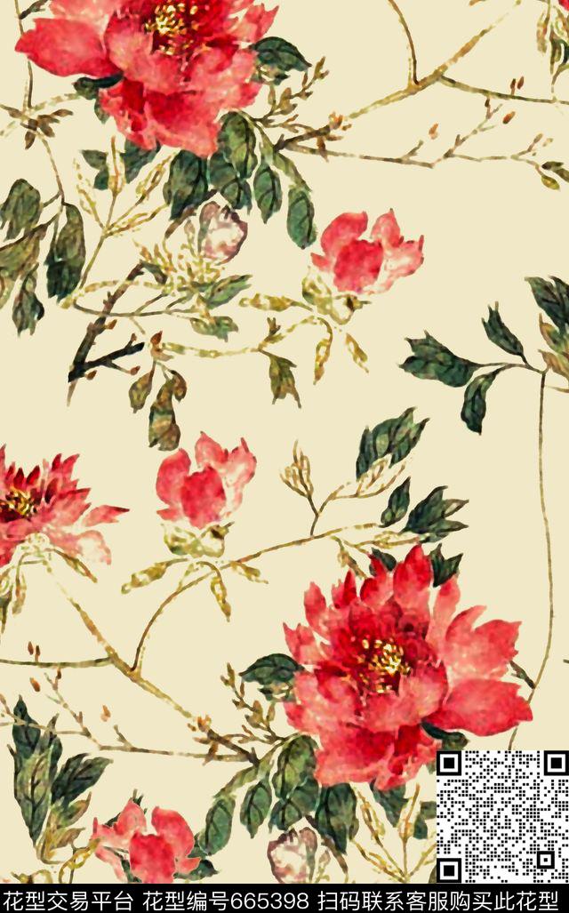 民族风花卉国画数码印花华亿平台下载（图片编号: 665398） - 瓦栏（Walan）