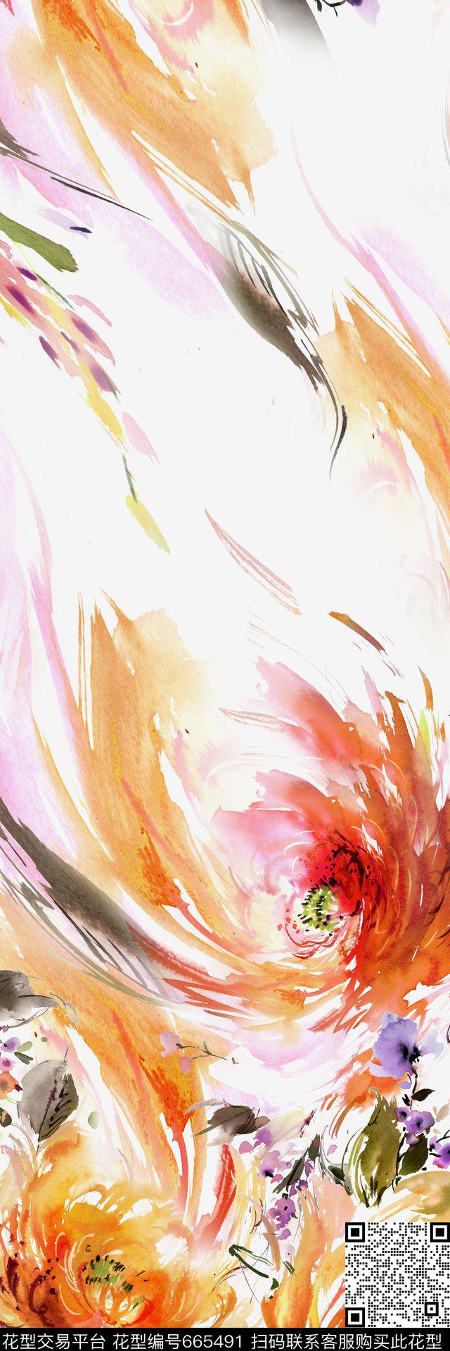 抽象手绘大花数码印花华亿平台下载（图片编号: 665491） - 瓦栏（Walan）