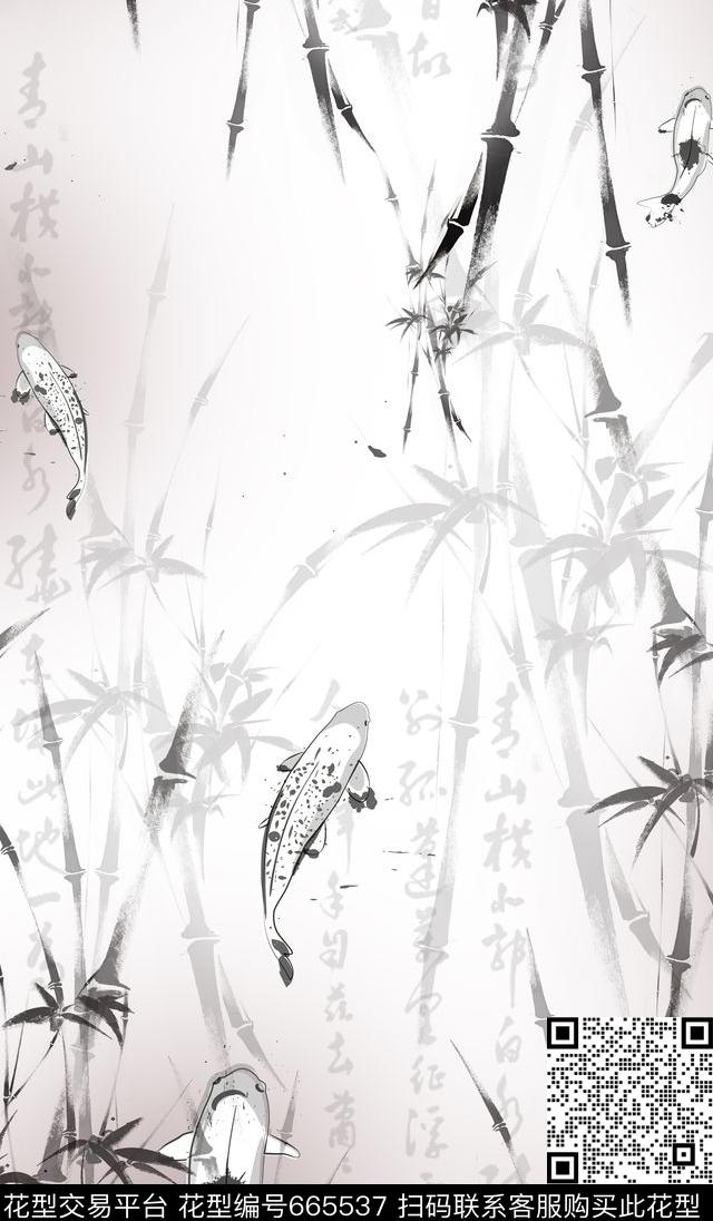 中国风鱼竹子传统印花华亿平台下载（图片编号: 665537） - 瓦栏（Walan）