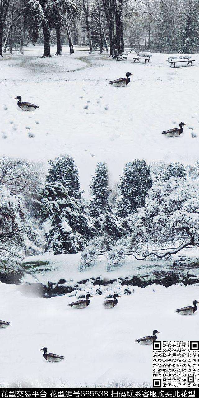 树林冬季雪景数码印花华亿平台下载（图片编号: 665538） - 瓦栏（Walan）