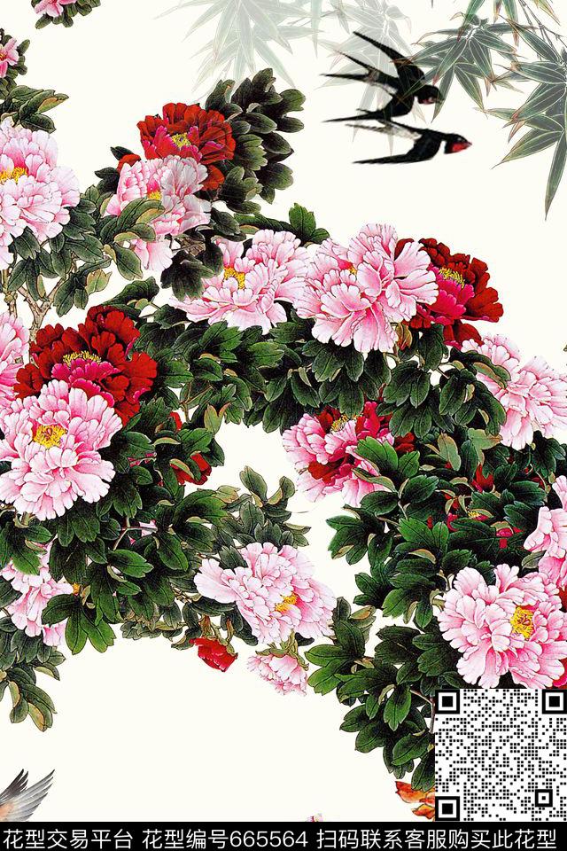 鸟牡丹花卉数码印花华亿平台下载（图片编号: 665564） - 瓦栏（Walan）