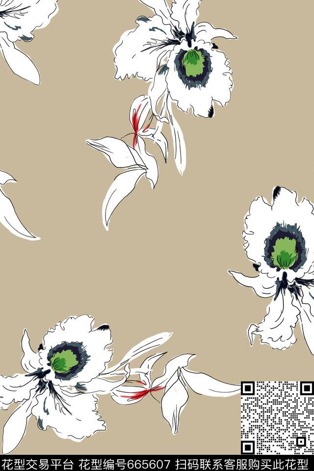 valentino手绘花卉叶子数码印花华亿平台下载（图片编号: 665607） - 瓦栏（Walan）