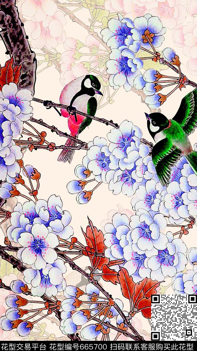 时尚潮流中国风水墨画花鸟梅花数码印花抽象渐变纹理旗袍鸟类印花时尚女装裙子外套民族风工笔画定位印花数码印花华亿平台下载（图片编号: 665700） - 瓦栏（Walan）