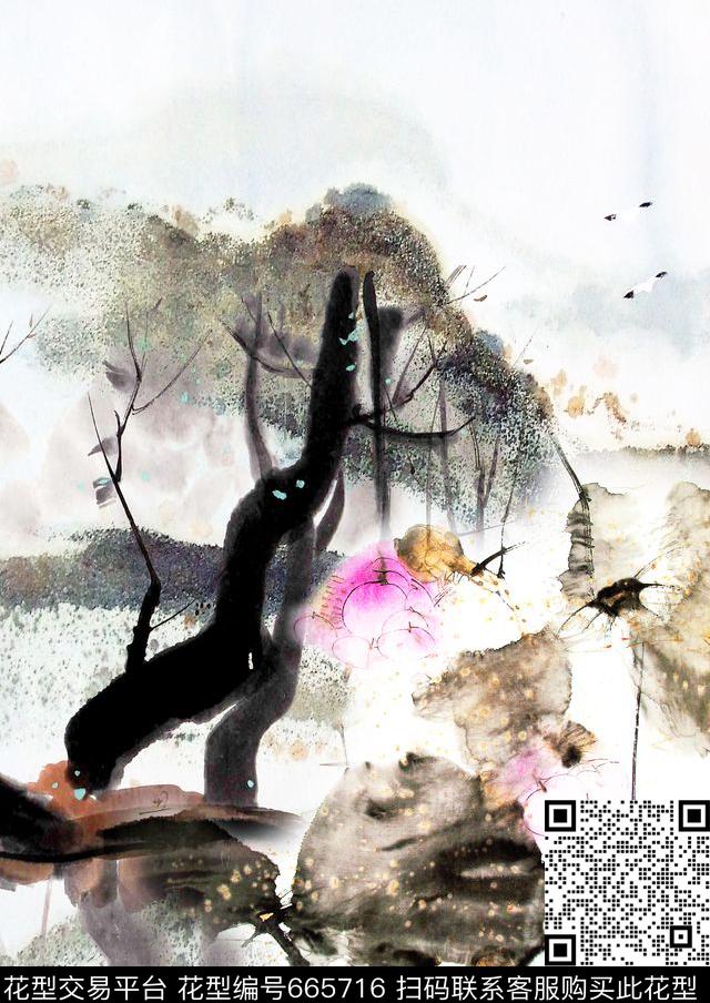 花卉水墨数码印花华亿平台下载（图片编号: 665716） - 瓦栏（Walan）
