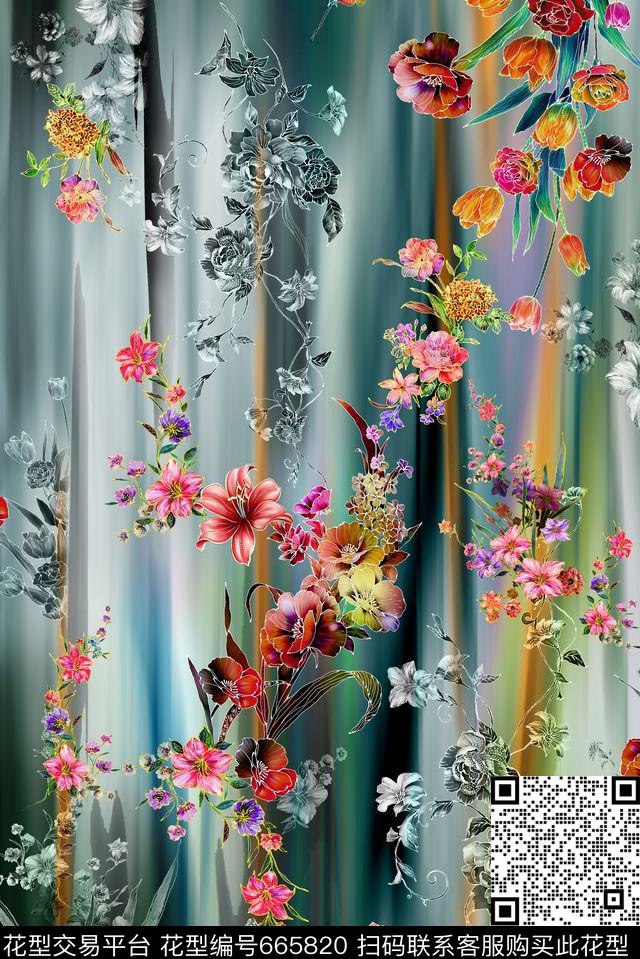 抽象小花手绘数码印花华亿平台下载（图片编号: 665820） - 瓦栏（Walan）