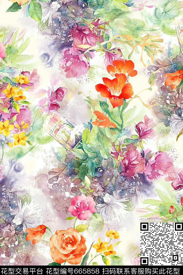 时尚手绘水彩画花卉数码印花时尚潮流女装裙子窗帘清爽花卉印花春夏女装泳装花朵印花数码印花华亿平台下载（图片编号: 665858） - 瓦栏（Walan）