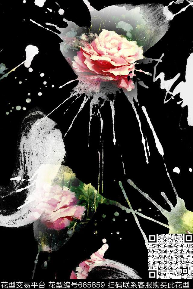 涂鸦笔触花卉数码印花华亿平台下载（图片编号: 665859） - 瓦栏（Walan）