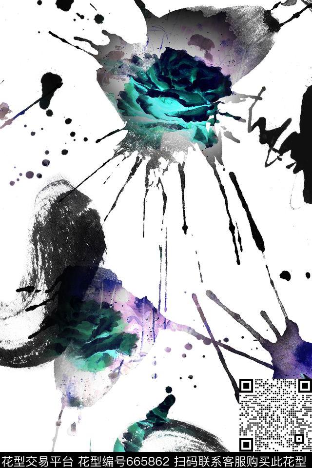 涂鸦笔触花卉数码印花华亿平台下载（图片编号: 665862） - 瓦栏（Walan）