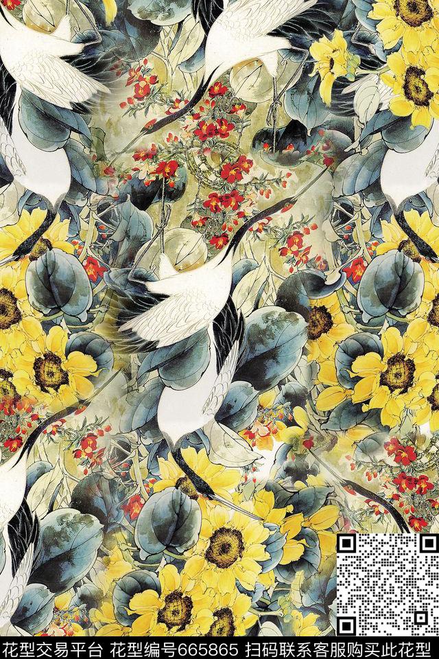 花卉鹤菊花数码印花华亿平台下载（图片编号: 665865） - 瓦栏（Walan）