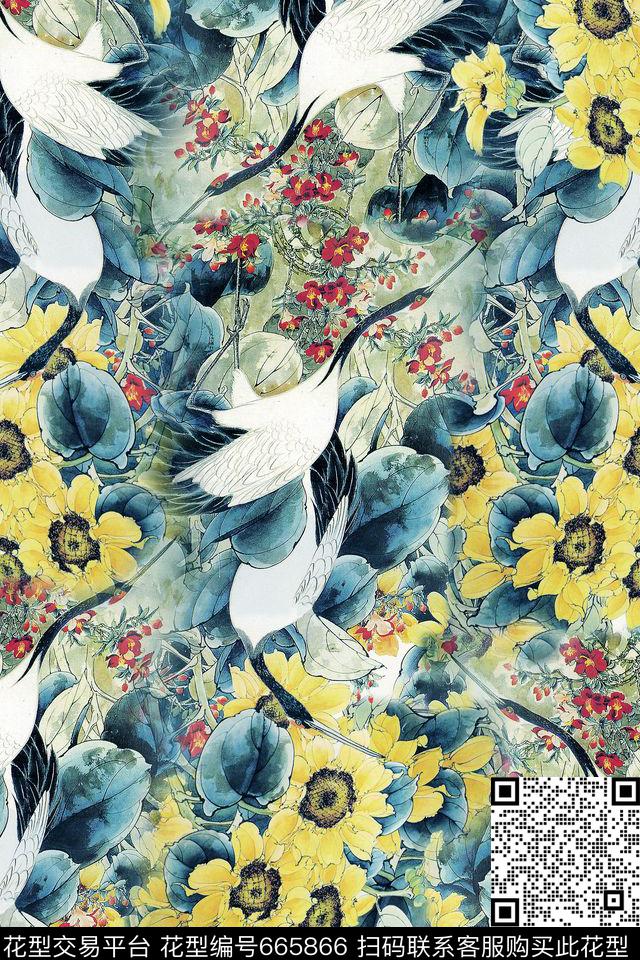 花卉鹤菊花数码印花华亿平台下载（图片编号: 665866） - 瓦栏（Walan）