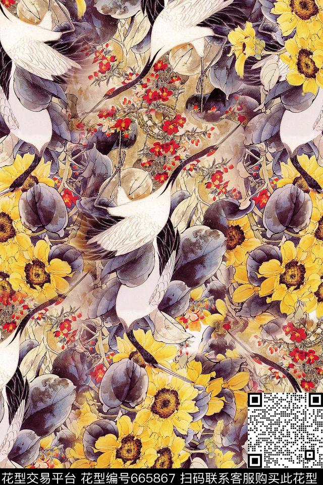 花卉鹤菊花数码印花华亿平台下载（图片编号: 665867） - 瓦栏（Walan）