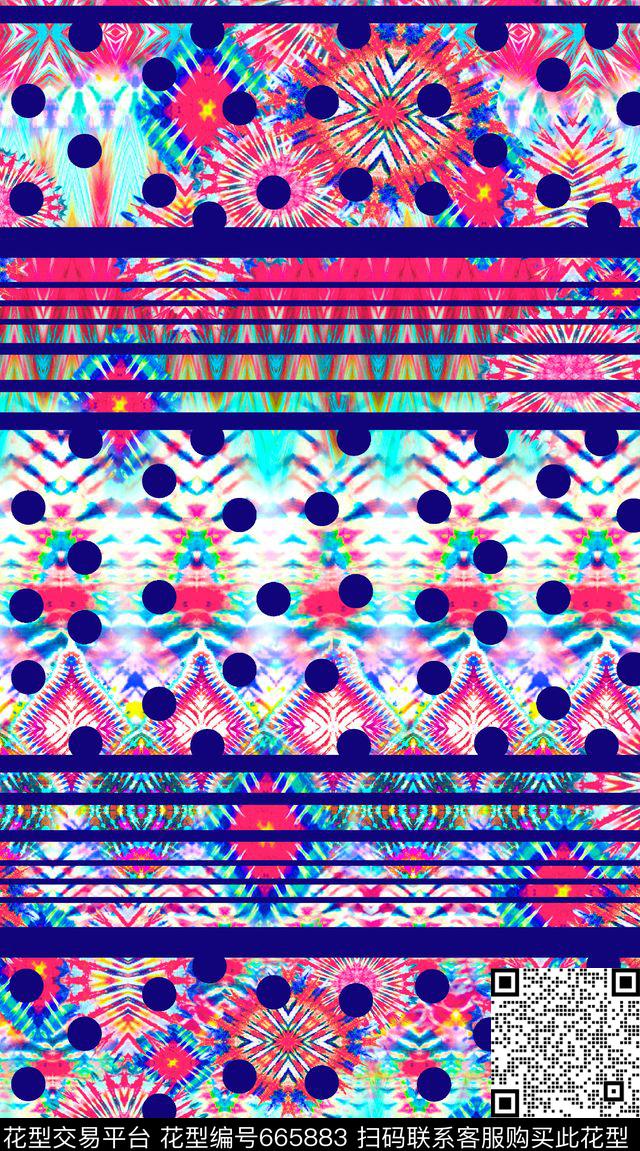 横条条纹彩色圆形花纹数码印花华亿平台下载（图片编号: 665883） - 瓦栏（Walan）