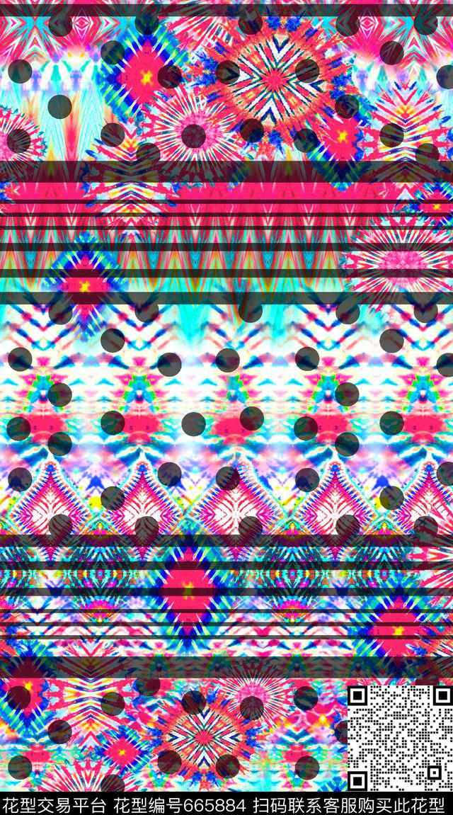 横条条纹彩色圆形花纹数码印花华亿平台下载（图片编号: 665884） - 瓦栏（Walan）