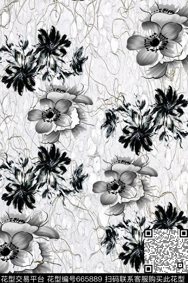 独幅黑色系黑白数码印花华亿平台下载（图片编号: 665889） - 瓦栏（Walan）