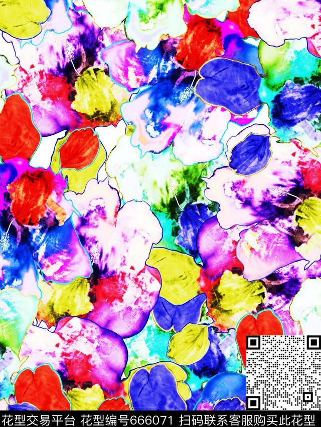 花朵彩绘多彩数码印花华亿平台下载（图片编号: 666071） - 瓦栏（Walan）