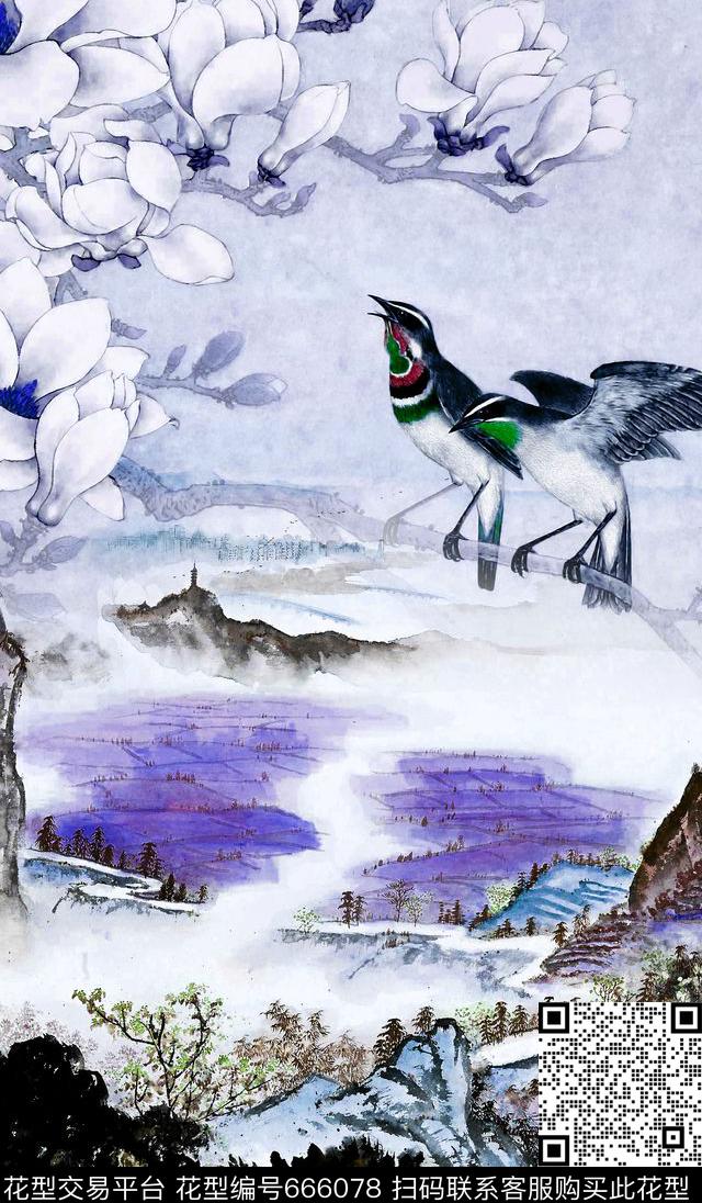 玉兰花花卉定位花数码印花华亿平台下载（图片编号: 666078） - 瓦栏（Walan）