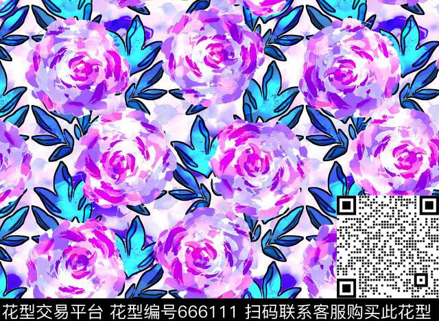 时尚泳装玫瑰水彩花卉传统印花华亿平台下载（图片编号: 666111） - 瓦栏（Walan）