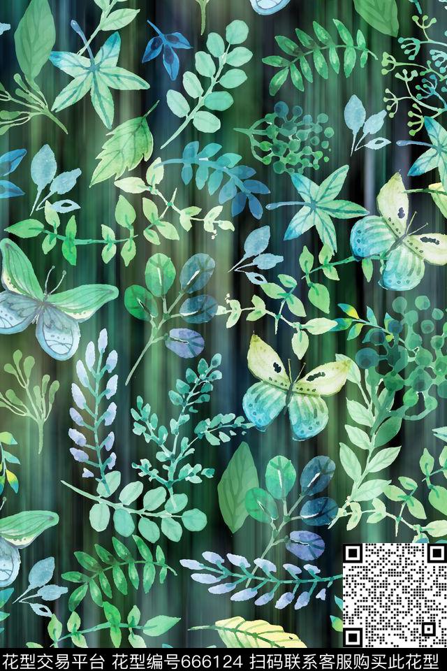 绿叶树叶蓝色数码印花华亿平台下载（图片编号: 666124） - 瓦栏（Walan）