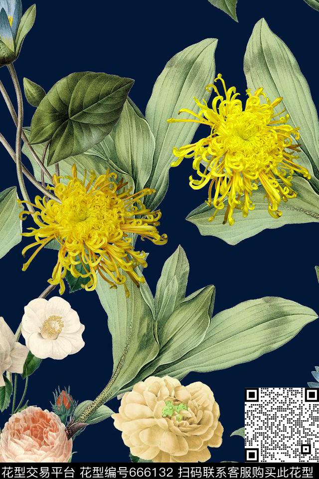数码花大气花卉黑底数码印花华亿平台下载（图片编号: 666132） - 瓦栏（Walan）