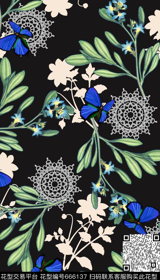 素雅花卉蝴蝶蕾丝数码印花华亿平台下载（图片编号: 666137） - 瓦栏（Walan）