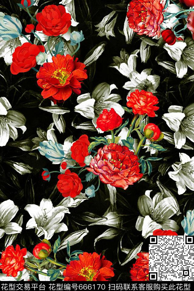 黑白底纹清新花卉数码印花华亿平台下载（图片编号: 666170） - 瓦栏（Walan）