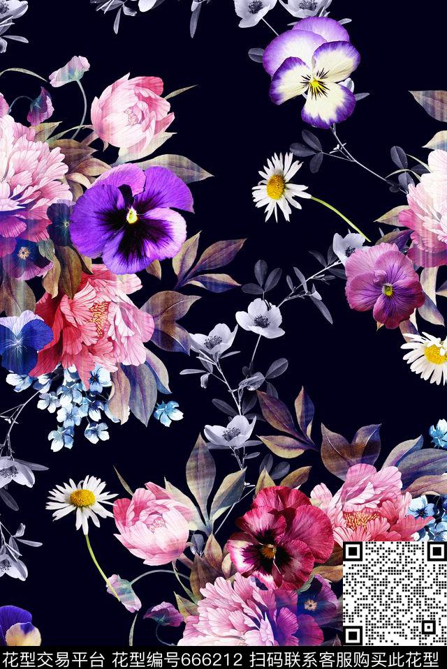 黑底艳彩花卉数码印花华亿平台下载（图片编号: 666212） - 瓦栏（Walan）