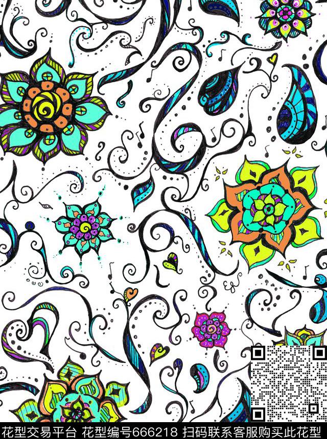 民族花卉Fei-创意花卉手绘花纹数码印花华亿平台下载（图片编号: 666218） - 瓦栏（Walan）
