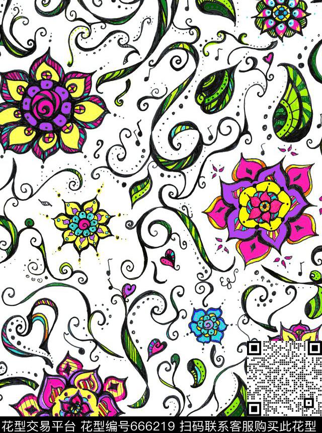 民族花卉Fei-创意花卉手绘花纹数码印花华亿平台下载（图片编号: 666219） - 瓦栏（Walan）
