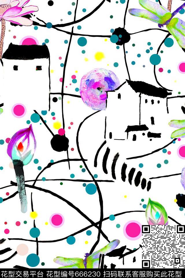 天真童趣蜻蜓花卉数码印花华亿平台下载（图片编号: 666230） - 瓦栏（Walan）