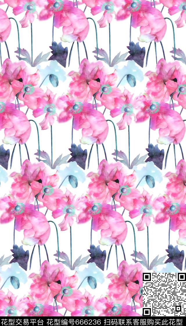 水彩手绘花卉数码印花华亿平台下载（图片编号: 666236） - 瓦栏（Walan）