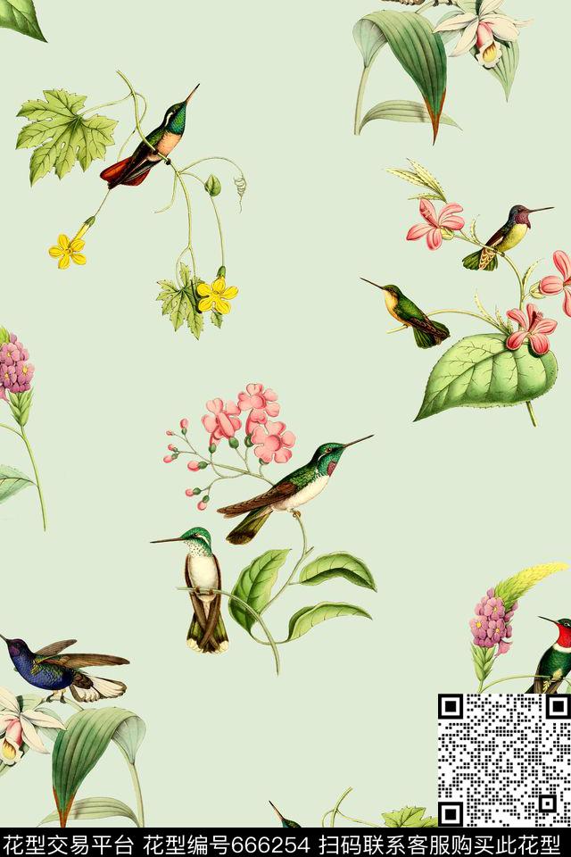 时尚手绘鸟数码印花华亿平台下载（图片编号: 666254） - 瓦栏（Walan）