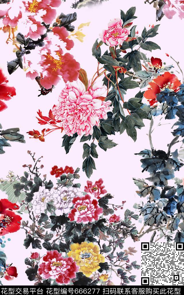大花牡丹中国风数码印花华亿平台下载（图片编号: 666277） - 瓦栏（Walan）
