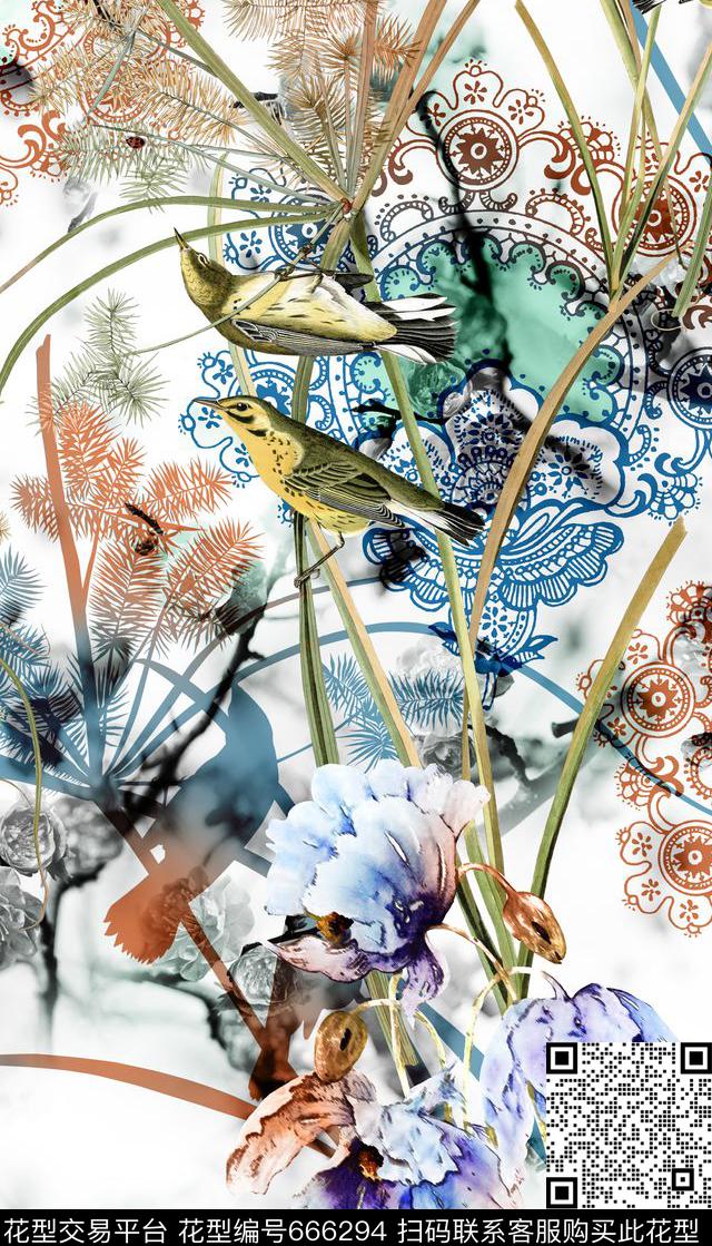 手绘花、手绘鸟、花纹、剪影数码印花华亿平台下载（图片编号: 666294） - 瓦栏（Walan）