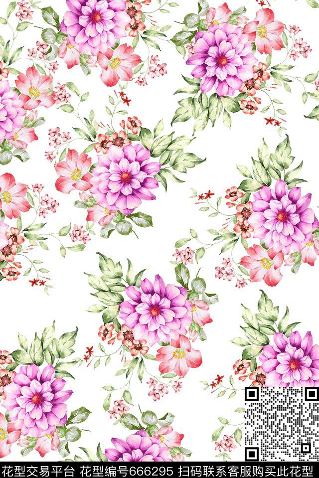 花卉水彩大丽菊数码印花华亿平台下载（图片编号: 666295） - 瓦栏（Walan）