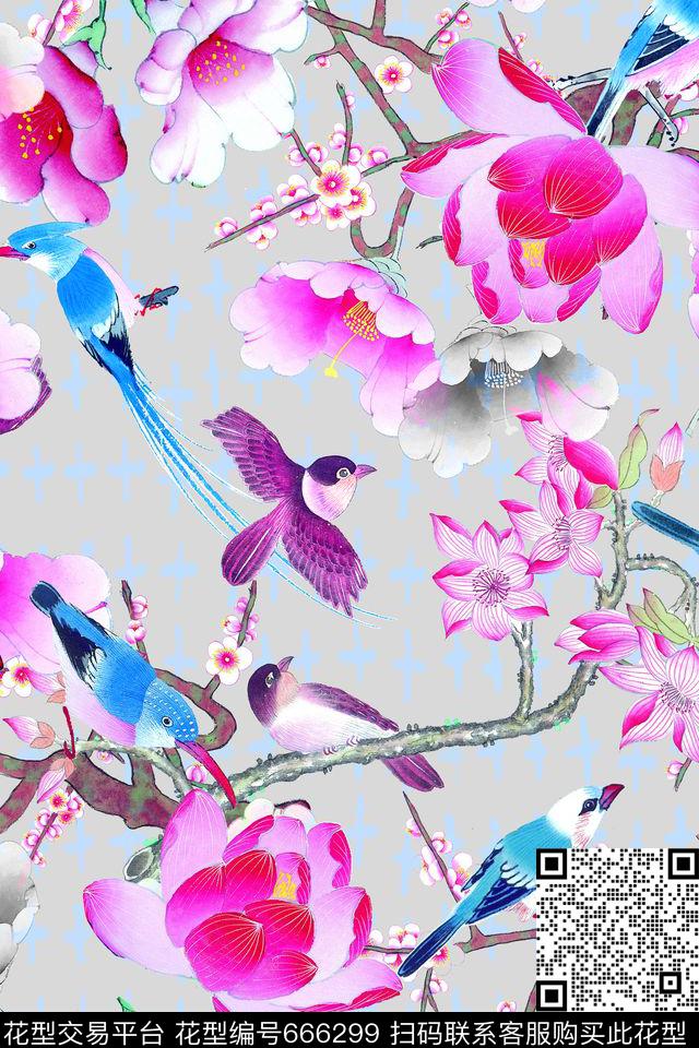 时尚中国风花卉鸟数码印花华亿平台下载（图片编号: 666299） - 瓦栏（Walan）