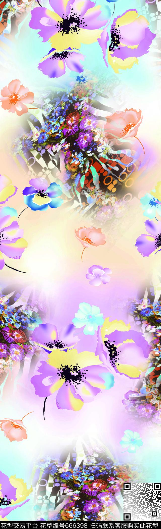花卉朦胧。长巾。数码印花华亿平台下载（图片编号: 666398） - 瓦栏（Walan）