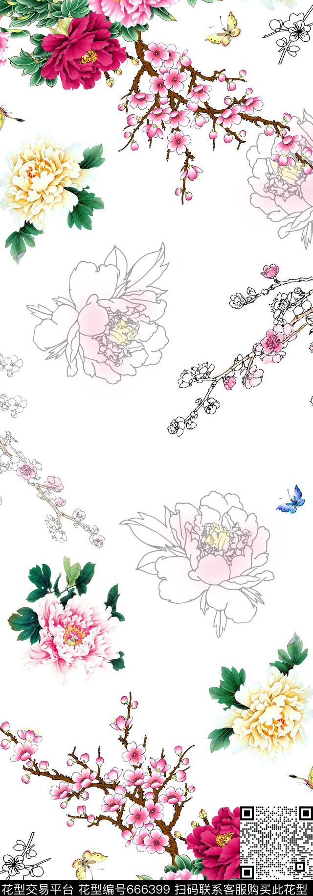 牡丹花素雅长巾数码印花华亿平台下载（图片编号: 666399） - 瓦栏（Walan）