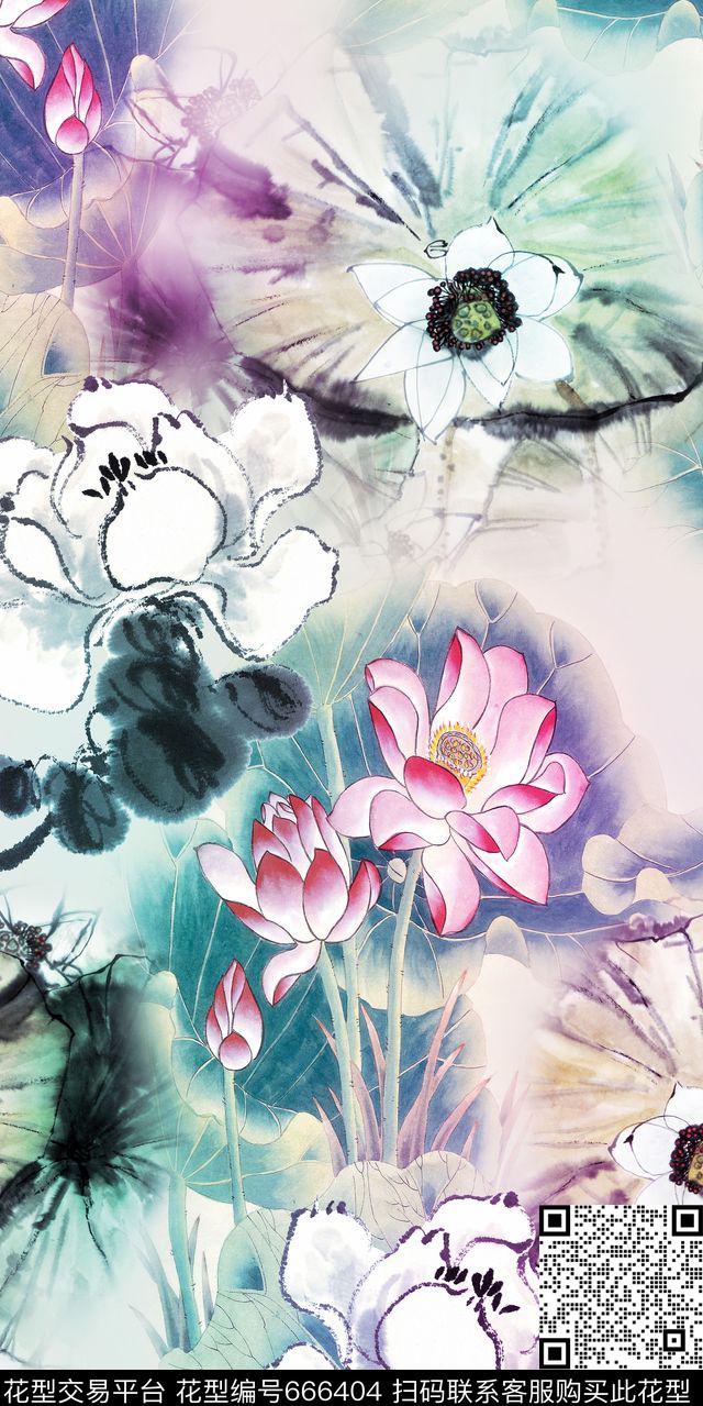 大花花卉荷花数码印花华亿平台下载（图片编号: 666404） - 瓦栏（Walan）